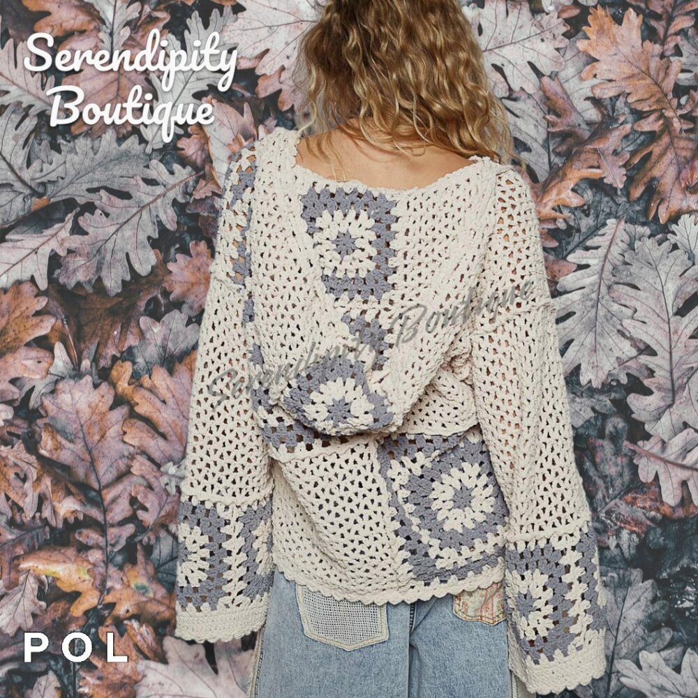 POL Boho Slouchy Thick Lush Oversized Lavender Crochet Button Up Hoodie Sweater - Picture 6 of 11